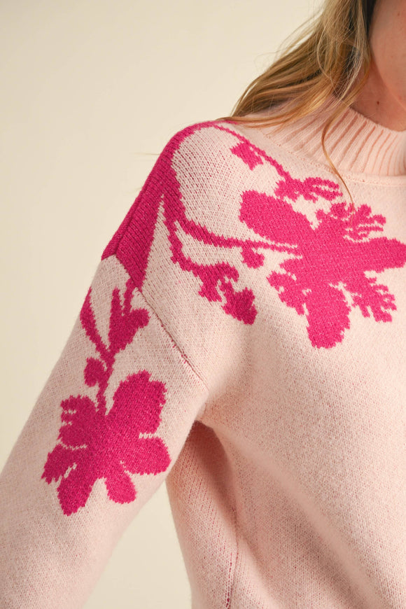 Mock Neck Sweater w Floral Shoulder and Sleeve – Too Sparrows