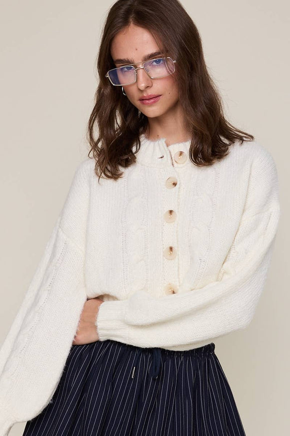 Ivory Puff Sleeve Cardigan Knit Sweater