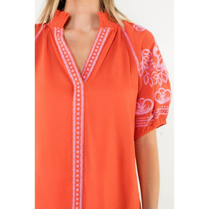 Embroidered Puff Sleeve V-Neck Top