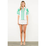 Embroidered Smocked Neck Puff Top