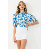 Flower Print Smocked Sleeve Peplum Top