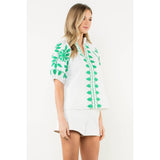Embroidered Smocked Neck Puff Top
