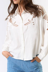 Embroidered Cut Out Button Down Shirt -White