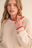 Puff Sleeve Sweater w Contrast Stitching- Almond Red