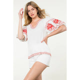 Embroidered Puff Sleeve Top- Red/White