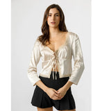 Long Sleeve Silky Blouse w Lace Trim- Champagne