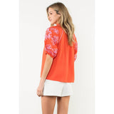 Embroidered Puff Sleeve V-Neck Top