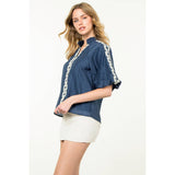 Embroidered Half Sleeve Textured Top- Magenta