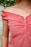 Gingham Off Shoulder Ruffle Cap Sleeve Top- Red