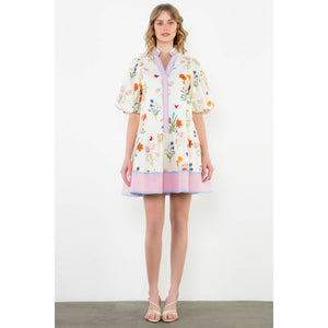 Puff Sleeve Striped Trim Floral Dress