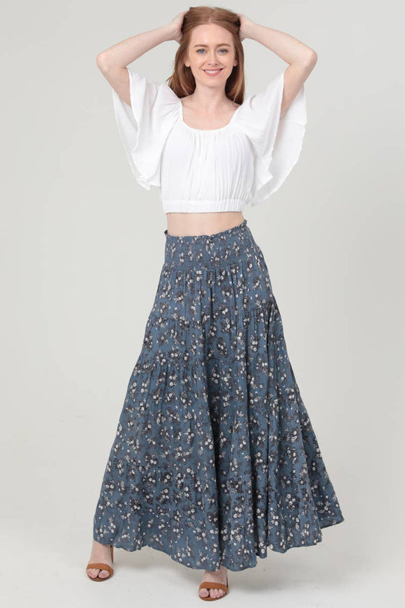 Smocked Print Tiered Maxi Skirt