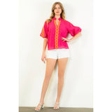 Embroidered Half Sleeve Textured Top- Magenta