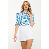 Flower Print Smocked Sleeve Peplum Top
