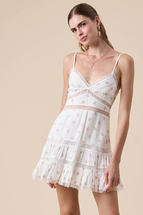 Ditsy Floral Dress with Lace Cutouts and Trim
