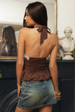 Polka Dot Lace Trim Halter Top- Brown