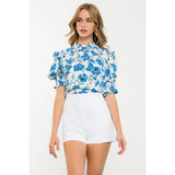 Flower Print Smocked Sleeve Peplum Top