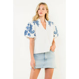 Cornflower Blue Embroidered Puff Sleeve Top