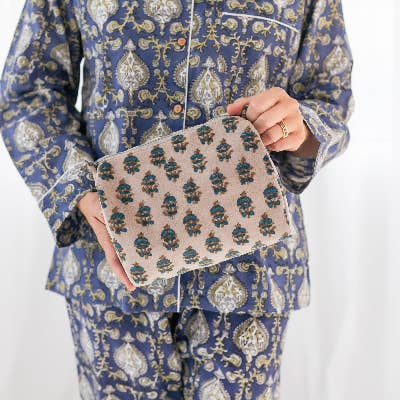 Block Print Velvet Cosmetic Pouch - Gray