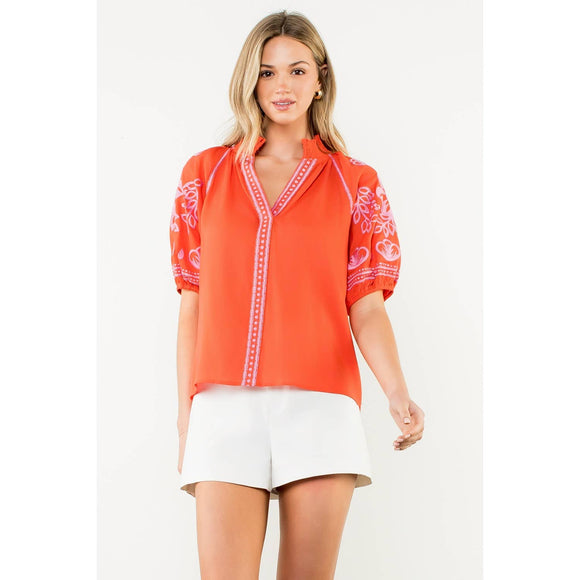 Embroidered Puff Sleeve V-Neck Top