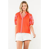 Embroidered Puff Sleeve V-Neck Top