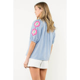 Embroidered Puff Sleeve Stripe Top