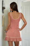 Gingham Square Neck Sleeveless Classic Mini Dress- Red