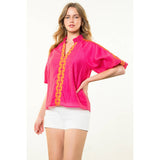 Embroidered Half Sleeve Textured Top- Magenta