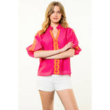 Embroidered Half Sleeve Textured Top- Magenta