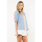 Embroidered Puff Sleeve Stripe Top