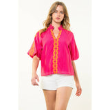 Embroidered Half Sleeve Textured Top- Magenta