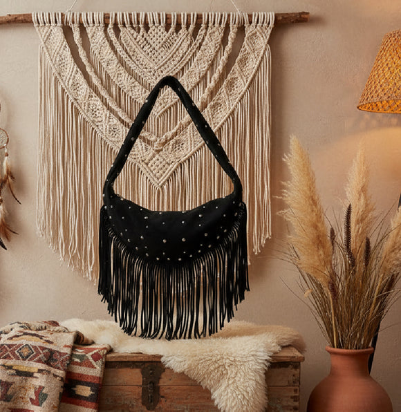 Riveted Fringe Suede Hobo