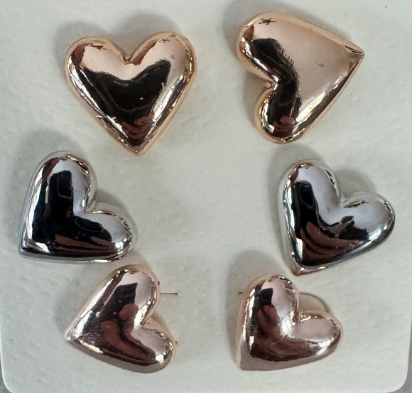 Set of 3 Heart Stud Earrings