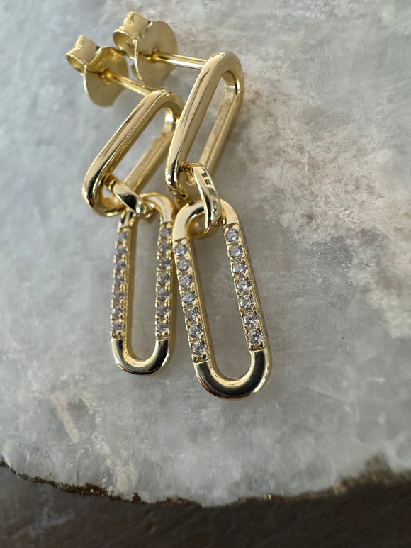 Gold Link Earrings w/ CZ Stones