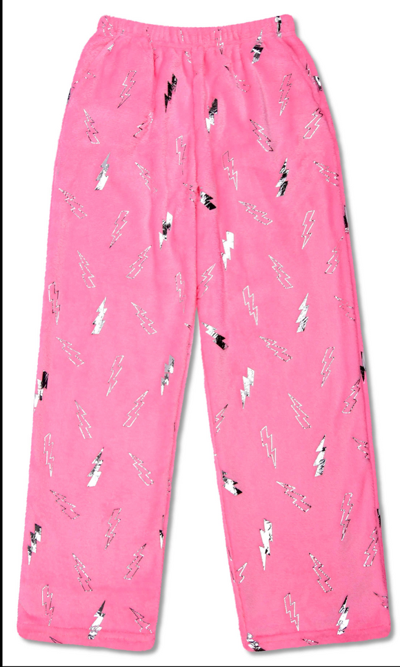 Pink Foil Lightning Plush Pants