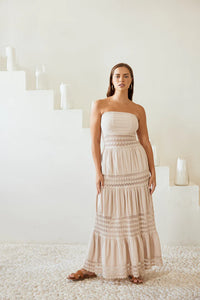 Strapless Crochet Long Dress- Beige