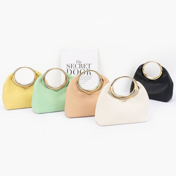Faux Leather Round Metal Handle Bag