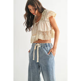 Lace Trimmed Ruffle Blouse- Sand