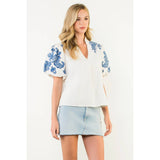 Cornflower Blue Embroidered Puff Sleeve Top