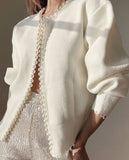 Embellished Cropped Pearl Trimmed Knit Cardigan