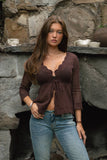 Crochet Scalloped V-Neckline Cardigan- Brown