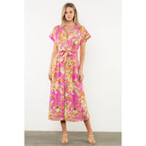 Belted V-Neck Floral Button Dress