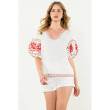 Embroidered Puff Sleeve Top- Red/White