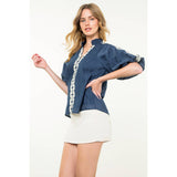 Embroidered Half Sleeve Textured Top- Magenta