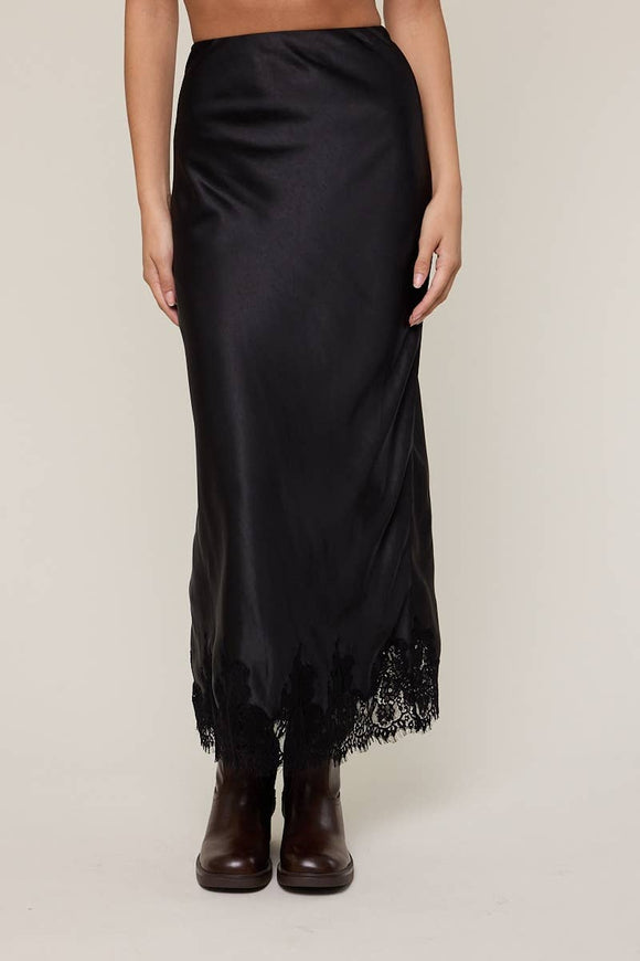 Satin Lace Midi Skirt with Lace Trim