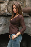 Crochet Scalloped V-Neckline Cardigan- Brown