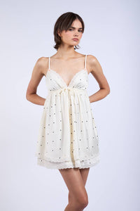 Satin Polka Dot Layered Mini Dress w Sweetheart Bows