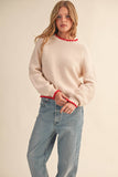 Puff Sleeve Sweater w Contrast Stitching- Almond Red