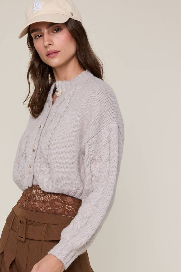 Soft Grey Puff Sleeve Cardigan Knit Sweater