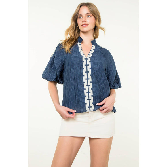 Embroidered Half Sleeve Textured Top- Navy