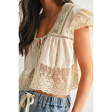 Lace Trimmed Ruffle Blouse- Sand